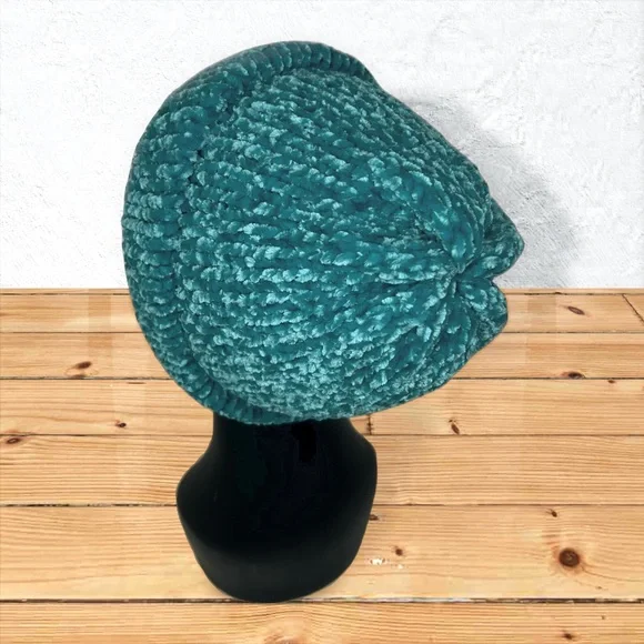 Handmade Super Soft Velvet Knit Beanie Handcrafted Hat Teal - Picture 7 of 11